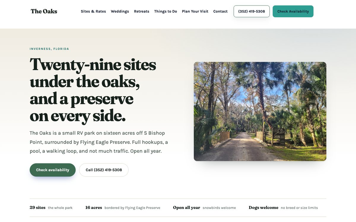 The rebuilt version: a clear headline reading twenty-nine sites under the oaks, a photograph of the entrance drive, a check availability button and a row of facts about the park.