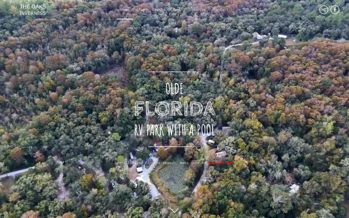 The Oaks Inverness website as it stands today: outlined display type reading Olde Florida over an aerial photograph of the park, with the words hard to read against the trees.